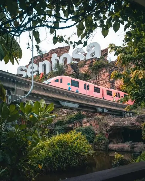The Sentosa sign and monorail among tropical greenery
